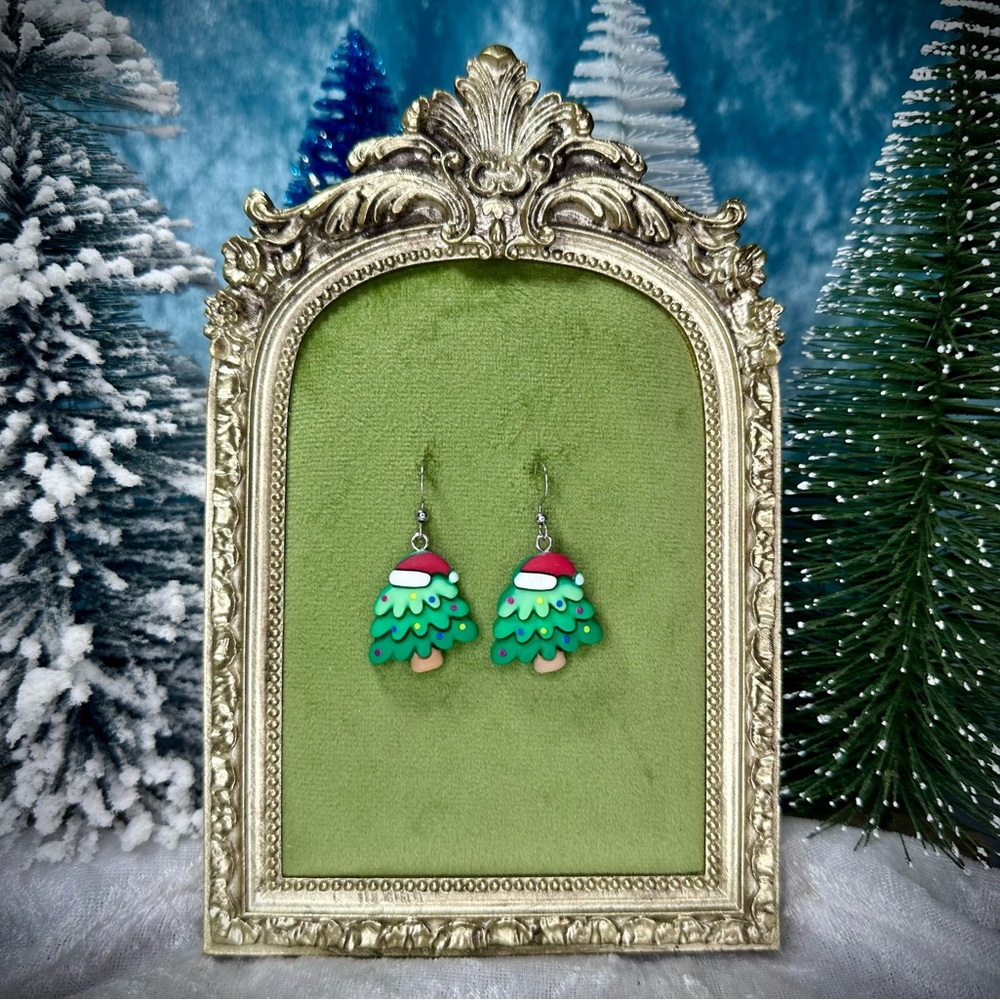 Christmas Tree Earrings Santa Hat- Festive Holiday Earrings